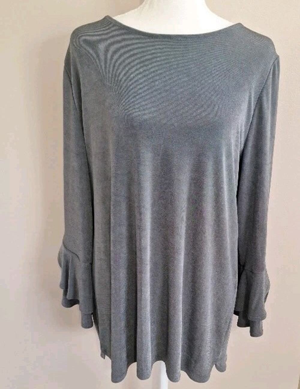 CHICOS TRAVELERS Shadow Cross Dye Flounce Sleeve LS Top Women's Size 1 Stretch